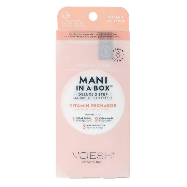 Voesh Mani in a Box Deluxe 3 Step Vitamin Recharge manicure kit with organic olive oil and vitamin C