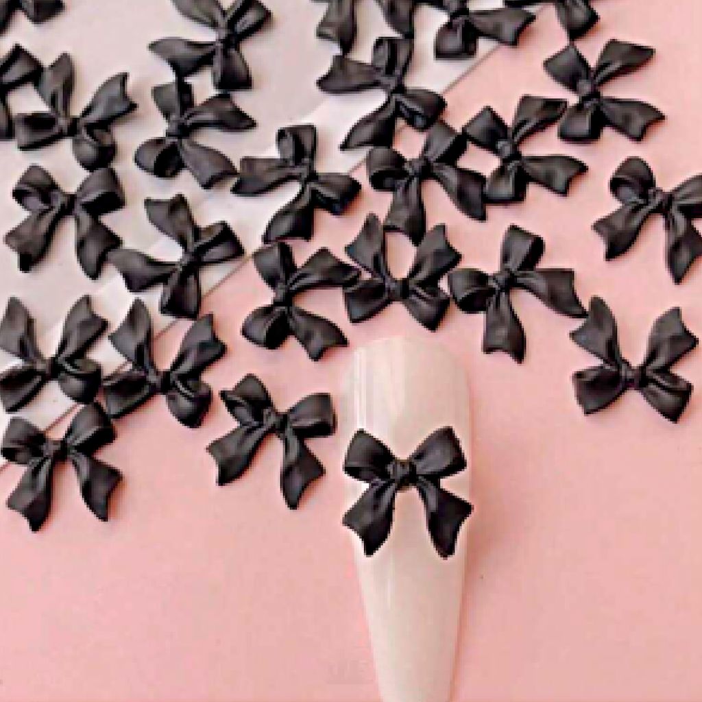 Black 3D bow nail charms (30 pcs) – flatback ribbon bows for kawaii nail art; easy stick-ons for acrylic, gel, and press-on nails