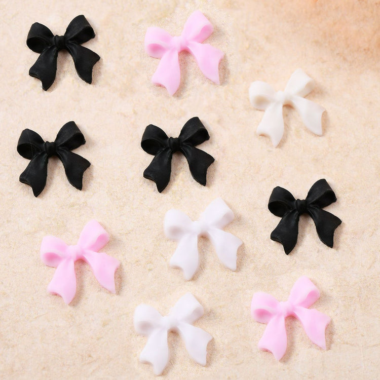 3D bow nail charms – set of 90 flatback ribbon bows in black, white & pink for nail art; kawaii nail decorations for acrylic, gel & press-on nails