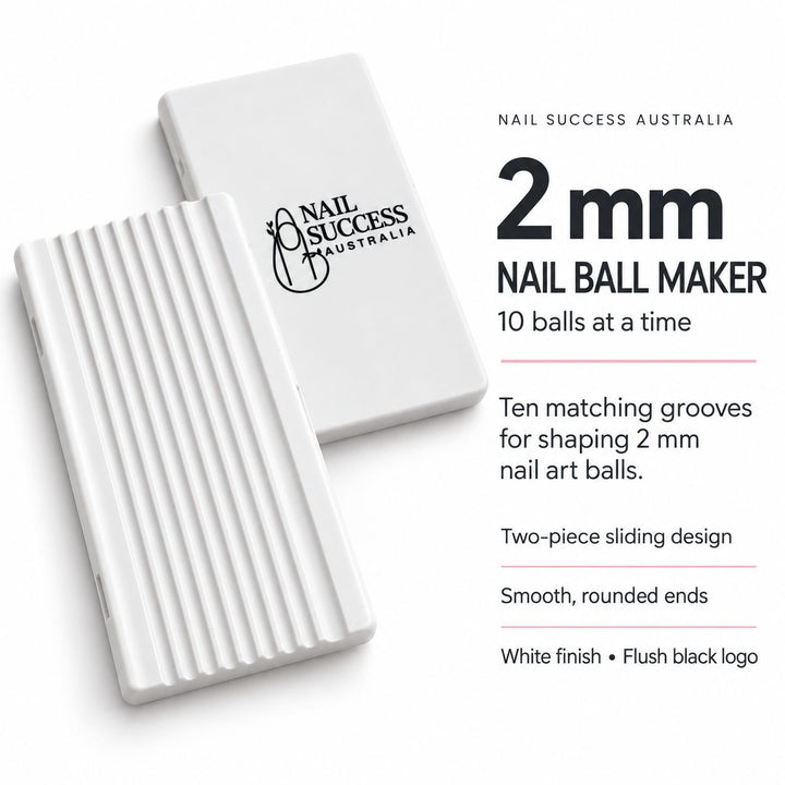 Nail Success Australia 2 mm nail ball maker, white two piece sliding tool with ten matching grooves for 3D nail art balls