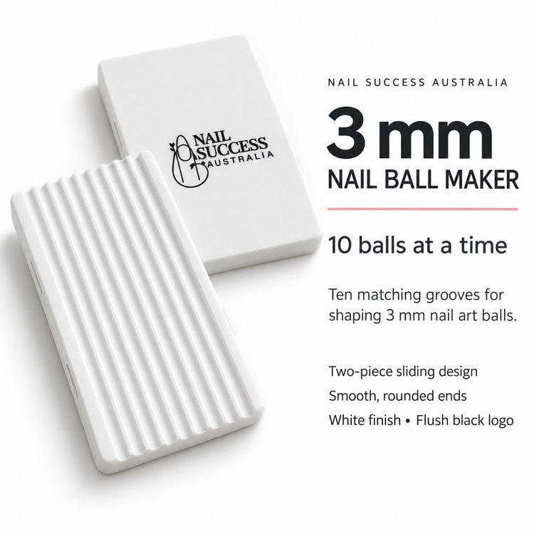 Nail Success Australia 3 mm nail ball maker, white two piece sliding tool with ten matching grooves for 3D nail art balls