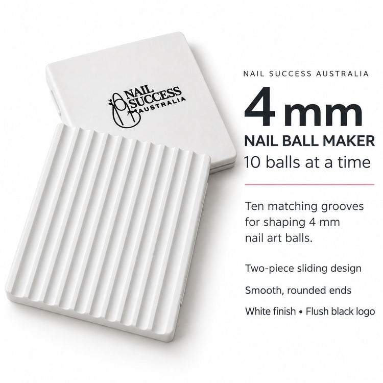 White Nail Success Australia 4 mm nail art ball maker, showing ten grooves, rounded ends and a two-piece sliding design.
