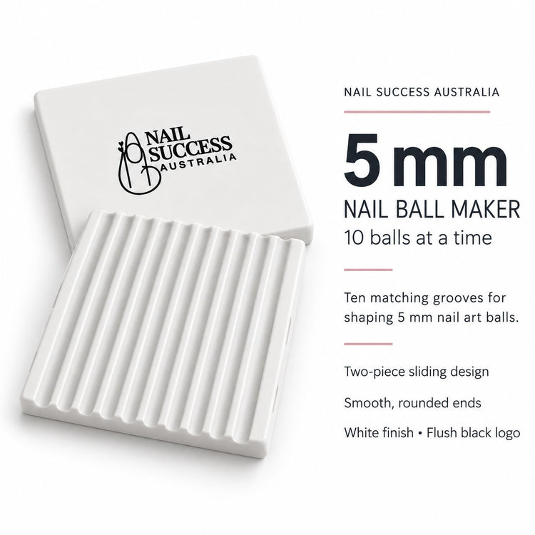 Nail Success Australia 5 mm nail ball maker, white two piece sliding tool with ten matching grooves for 3D nail art balls