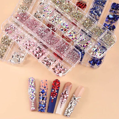 3D nail art rhinestone set with mixed shapes and colours in organiser cases with decorated nail samples