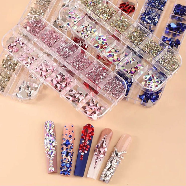 3D nail art rhinestone set with mixed shapes and colours in organiser cases with decorated nail samples