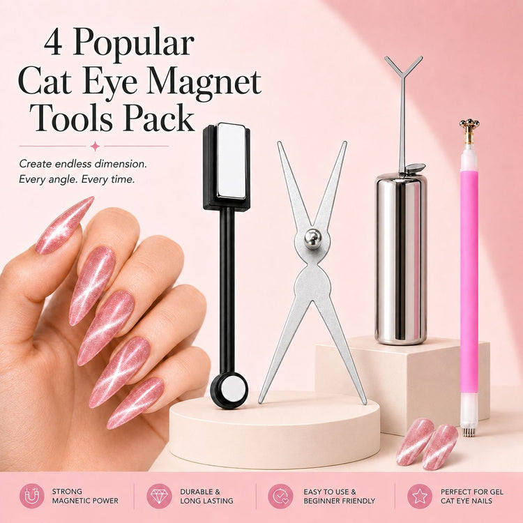 Four-piece cat-eye magnet tool pack with double-ended, scissor, Y-shaped and precision magnets beside pink stiletto nails