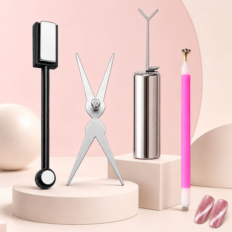 Four-piece cat-eye magnet tool pack with double-ended wand, scissor magnet, Y-shaped heart tool and pink precision pen