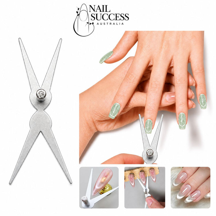 Double-ended scissor-shaped cat-eye magnet tool creating curved French and halo effects in magnetic gel polish