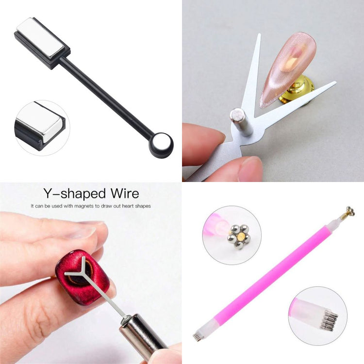 Cat eye magnet tools pack with rectangular magnet, Y-shaped wire, flower magnet pen and nail display stand for magnetic gel nail art