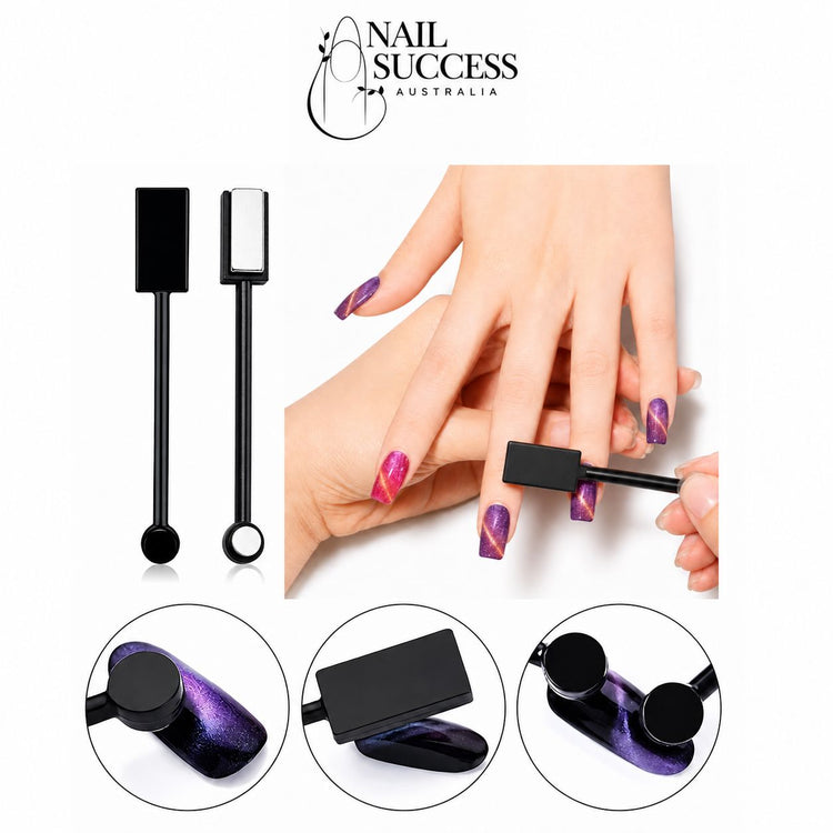 Double-ended cat-eye nail magnet wand with round and rectangular ends creating purple magnetic gel polish effects