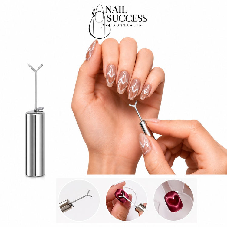 Nail Success Australia Y-shaped cat-eye magnet tool creating heart and flame effects in magnetic gel polish