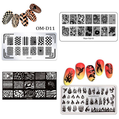 Nail art stamping plates set with flame, animal print and geometric patterns for creating detailed manicure designs