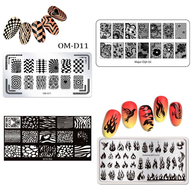 Nail art stamping plates set with flame, animal print and geometric patterns for creating detailed manicure designs