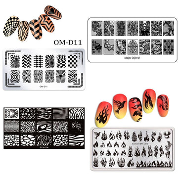 Four nail art stamping plates featuring geometric, floral lace, animal print and flame designs, shown with patterned nail swatches.
