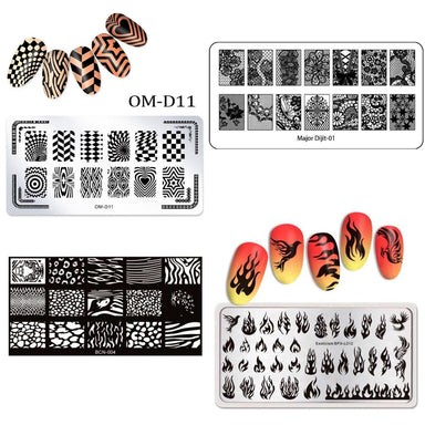 Four nail art stamping plates featuring geometric, floral lace, animal print and flame designs, shown with patterned nail swatches.
