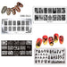 Four nail art stamping plates featuring geometric, floral lace, animal print and flame designs, shown with patterned nail swatches.
