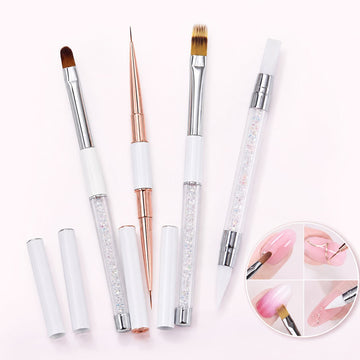Set of four nail art tools featuring oval, liner and ombré gel brushes plus a silicone tool, shown with pink manicure examples.

