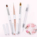 Set of four nail art tools featuring oval, liner and ombré gel brushes plus a silicone tool, shown with pink manicure examples.
