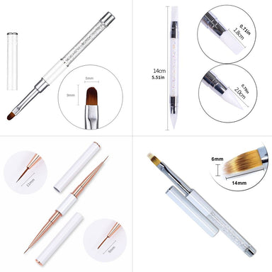 NSI Australia 4-piece nail art tool set with gel brushes, silicone tool, liner brush and flat brush, featuring white handles, crystal detail and size measurements