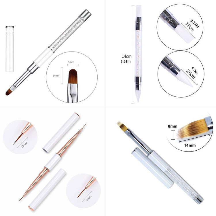 NSI Australia 4-piece nail art tool set with gel brushes, silicone tool, liner brush and flat brush, featuring white handles, crystal detail and size measurements
