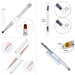 NSI Australia 4-piece nail art tool set with gel brushes, silicone tool, liner brush and flat brush, featuring white handles, crystal detail and size measurements