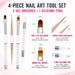 Four-piece nail art set with oval and ombré gel brushes, a double-ended liner brush and silicone pen, shown with tip measurements.
