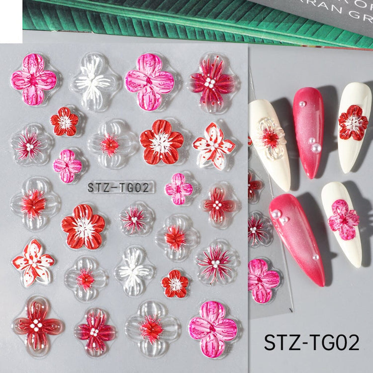 STZ-TG02 5D Embossed Orchid Flower Nail Art Sticker sheet with red, pink, white and clear floral designs on manicure samples
