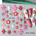 STZ-TG02 5D Embossed Orchid Flower Nail Art Sticker sheet with red, pink, white and clear floral designs on manicure samples