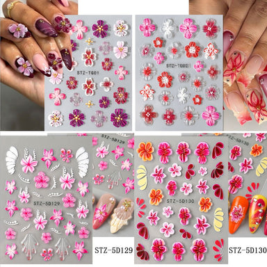 5D Embossed Orchid Flower Nail Art Sticker sheets with pink, red, orange and white floral designs on manicure samples