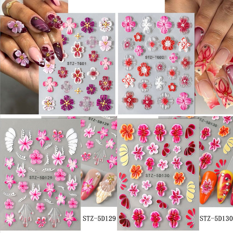 5D Embossed Orchid Flower Nail Art Sticker 4 pack with pink, red, orange and white floral designs on manicure samples