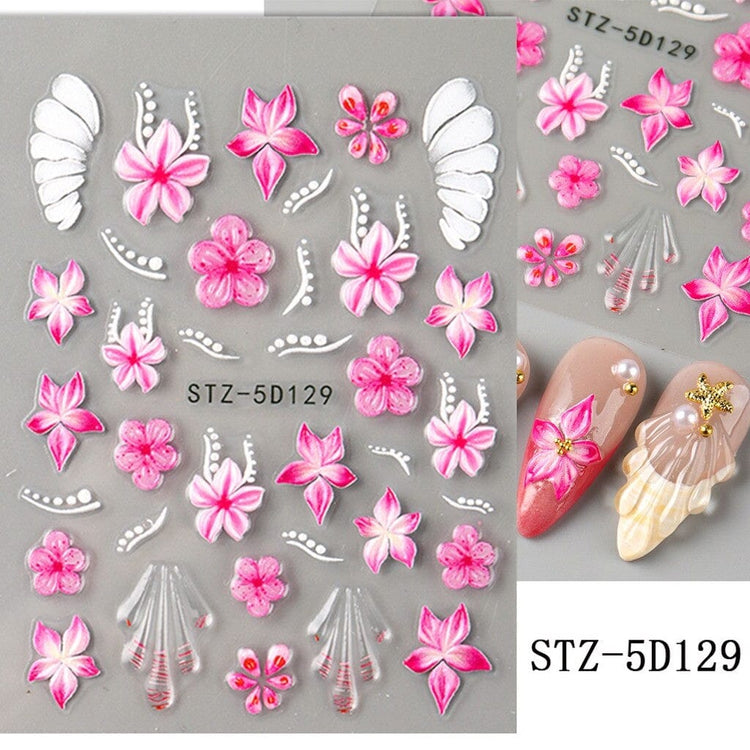 STZ-5D129 5D Embossed Orchid Flower Nail Art Sticker sheet with pink floral, white shell and pearl accent designs
