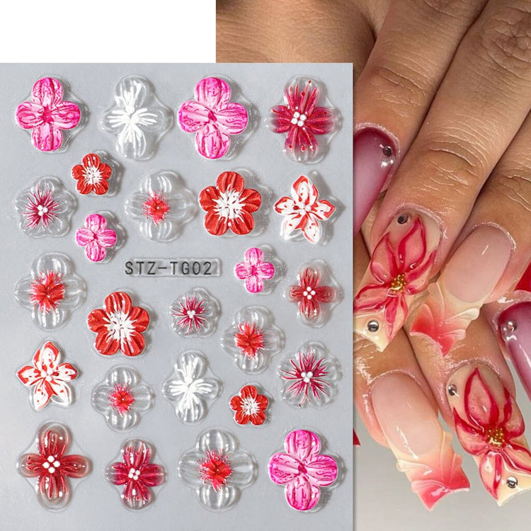 STZ-TG02 5D Embossed Orchid Flower Nail Art Sticker sheet with red, pink and clear floral designs on manicure sample