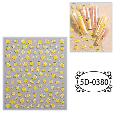 5D Lemon Embossed Nail Art Sticker sheet with yellow lemon slice designs and manicure sample