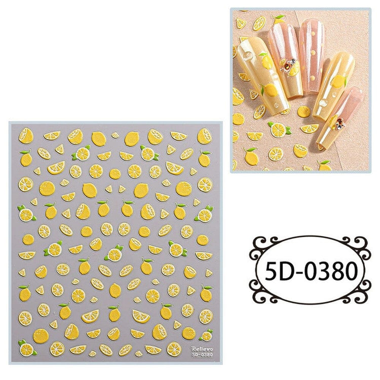 5D Lemon Embossed Nail Art Sticker sheet with yellow lemon slice designs and manicure sample