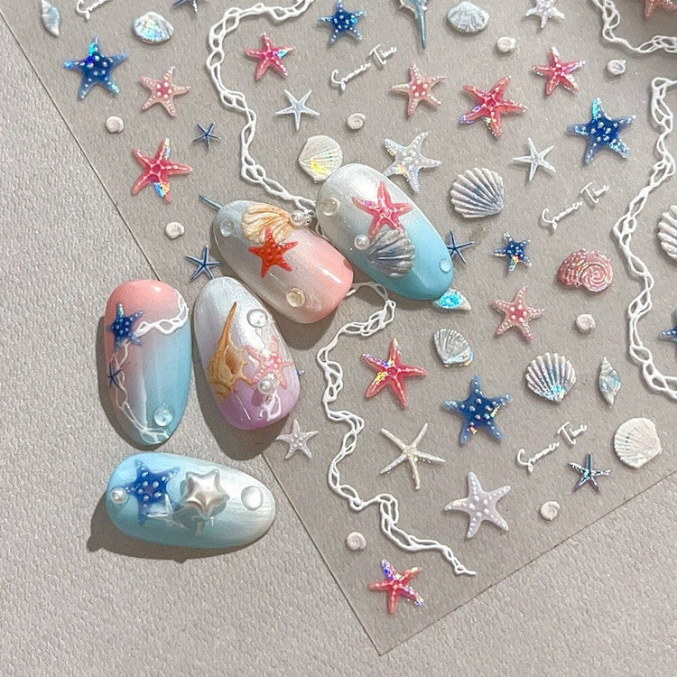 5D shell and starfish nail art stickers with pastel ocean manicure designs, NSI Australia