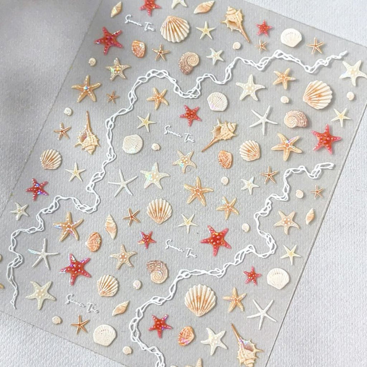 5D shell and starfish nail art stickers with gold seashell and coral beach designs, NSI Australia