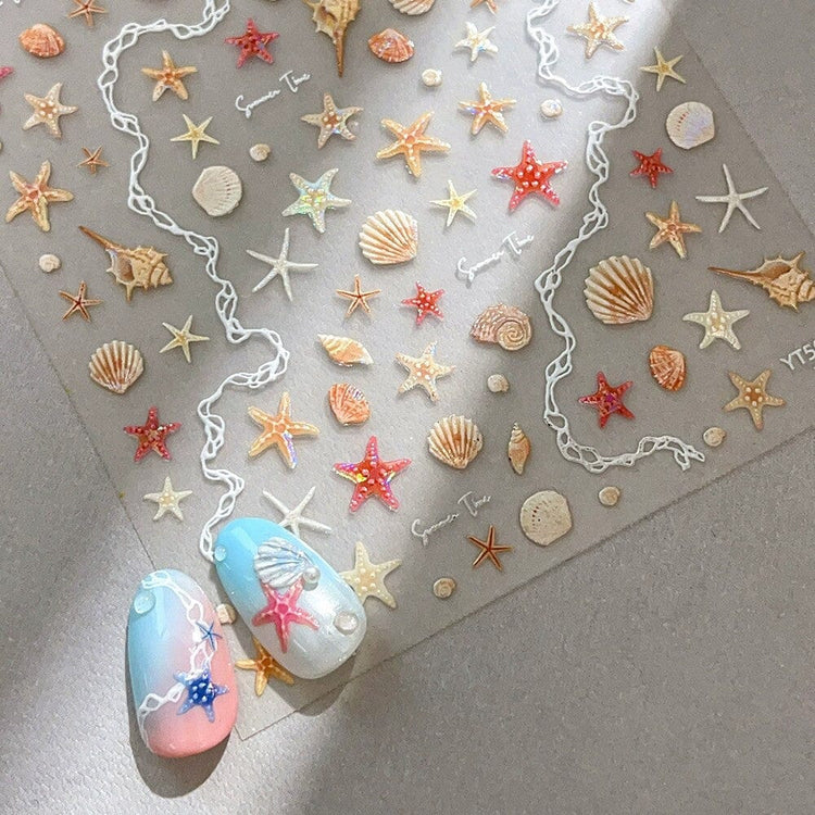 5D shell and starfish nail art stickers with pastel beach manicure examples, NSI Australia