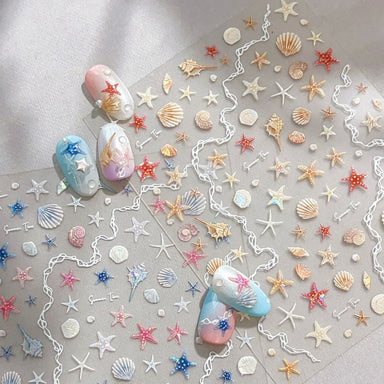 5D shell and starfish nail art stickers with seashell and beach manicure designs, NSI Australia