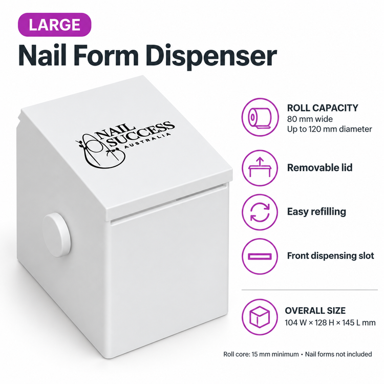 Large white Nail Success Australia nail form dispenser for rolls 80 mm wide and up to 120 mm in diameter, with removable lid and front slot.
