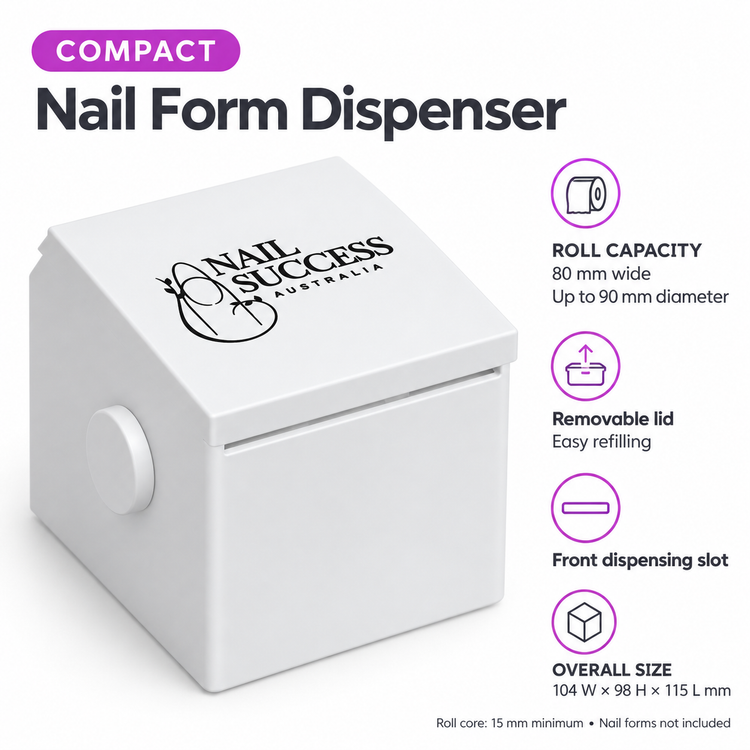 Compact white Nail Success Australia nail form dispenser for rolls 80 mm wide and up to 90 mm in diameter, with removable lid and front slot.
