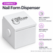 Compact white Nail Success Australia nail form dispenser for rolls 80 mm wide and up to 90 mm in diameter, with removable lid and front slot.
