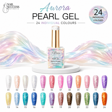 Aurora Pearl Gel collection with 24 HEMA- and TPO-free pearlescent gel polish colours and nail swatches – Nail Success Australia