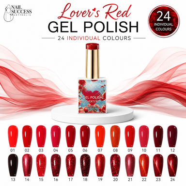 Lover’s Red Gel Polish collection with 24 individual red shades and numbered nail swatches – Nail Success Australia