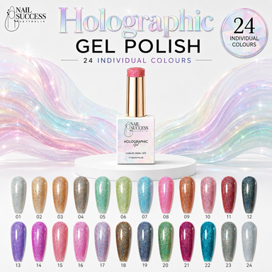 Holographic gel polish collection with 24 individual glitter colours and nail swatches – Nail Success Australia
