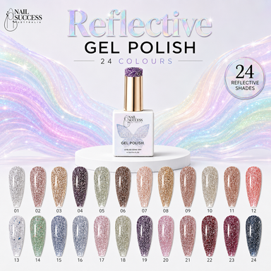 Reflective glitter gel polish collection with 24 colour swatches – Nail Success Australia