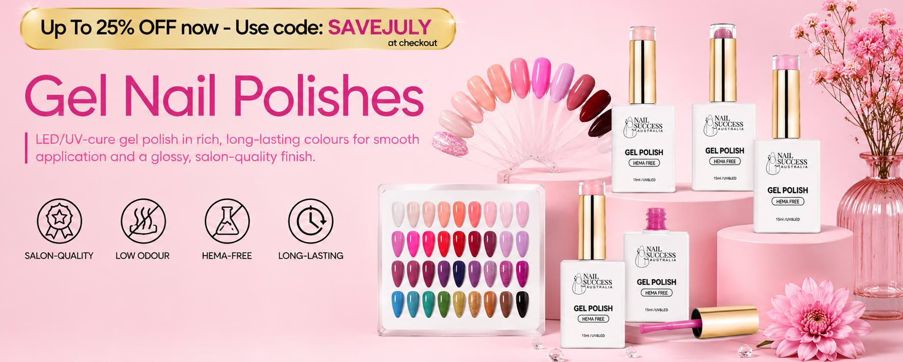 A promotional banner for 'Gel Nail Polishes' showing multiple bottles, a color wheel, and a tray of nail polish colors on a pink background with decorative flowers.