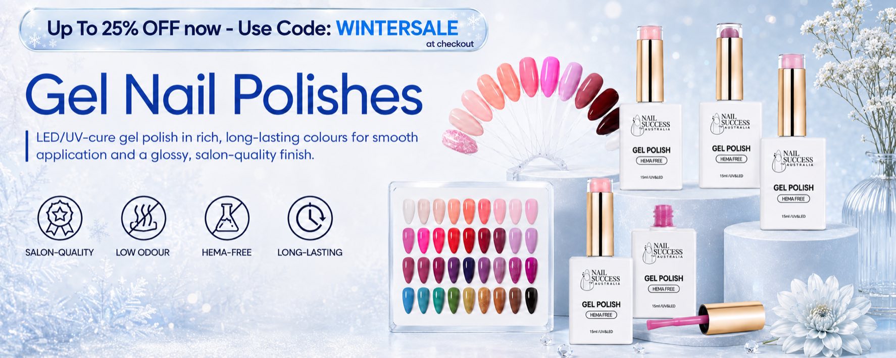Nail Success Australia Gel Nail Polishes winter sale banner featuring HEMA-free gel colours, up to 25% off with code WINTERSALE