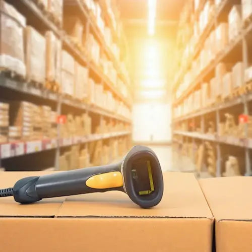 NSI Australia warehouse – barcode scanner on boxes in stocked aisles, fast order picking and shipping fulfillment