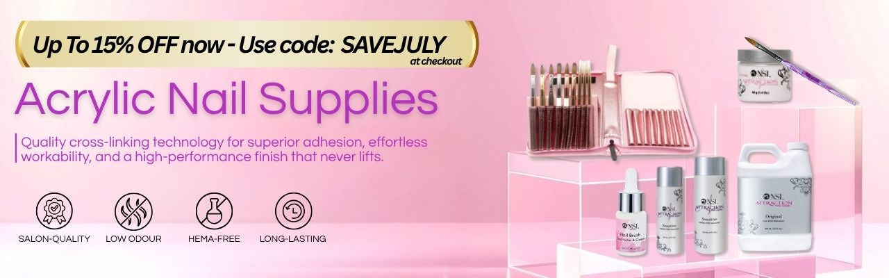 Promotional banner for Acrylic Nail Supplies featuring a collection of nail products including a brush set, dip powder, and bottles on a pink and white display stand, with promotional text 'Up To 15% OFF now - Use code: SAVEJULY at checkout'.