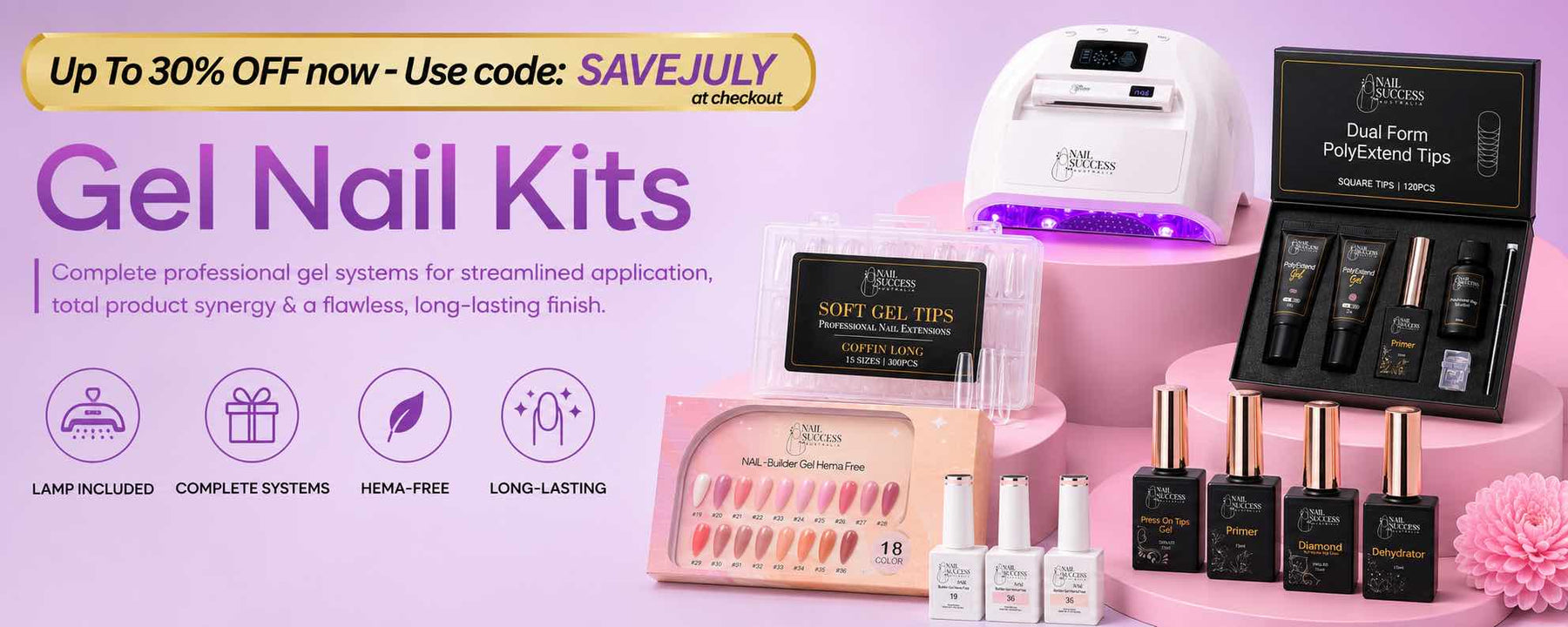 Gel nail kit display with a UV lamp, nail dip powder box, multiple small gel bottles, and nail tips arranged on pink pedestals against a pink background, with promotional text at the top.